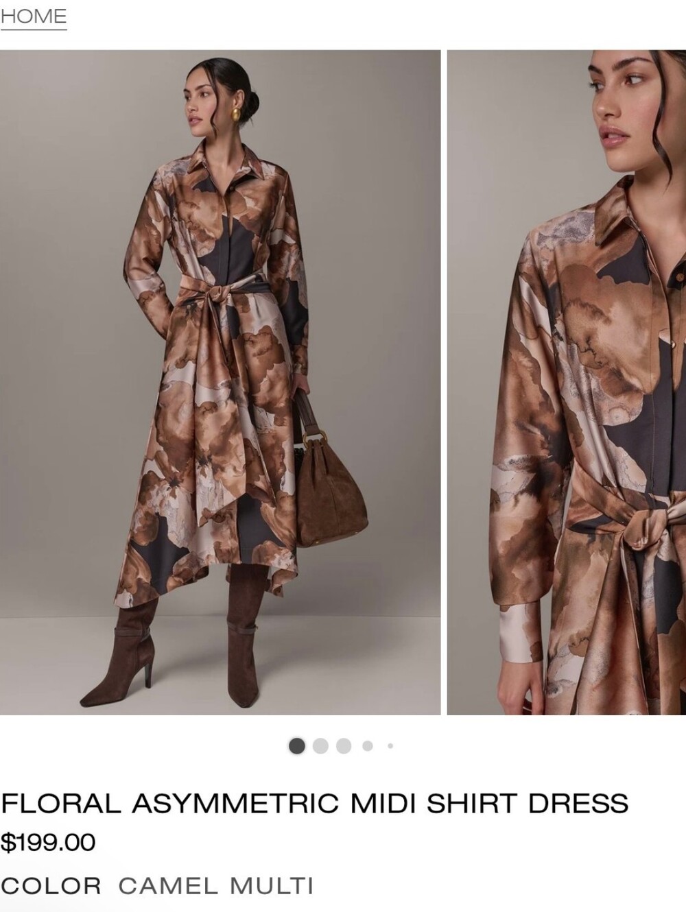 Donna Karen Camel Multi Floral Asymmetrical Midi Shirt Dress Sz 4 NWT $199